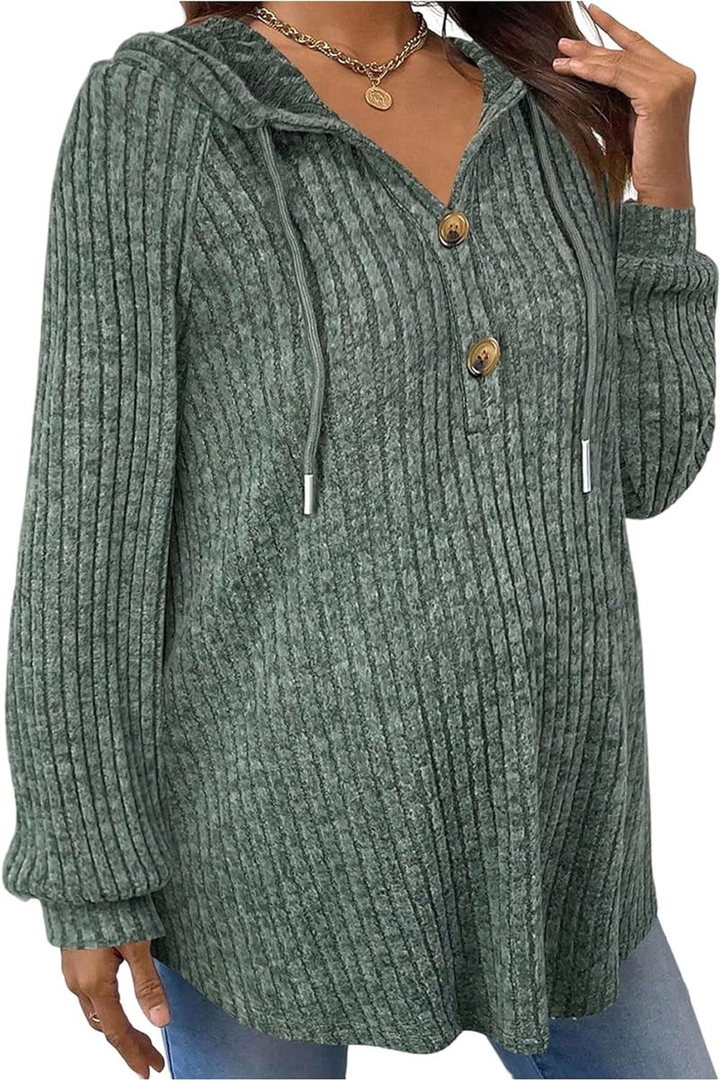 BEAUDRM Store Women's Maternity Half Button Sweatshirts Long Sleeve Ribbed Knit Pregnancy Shirt Spring Clothes Olive Green X-Large - Image 1